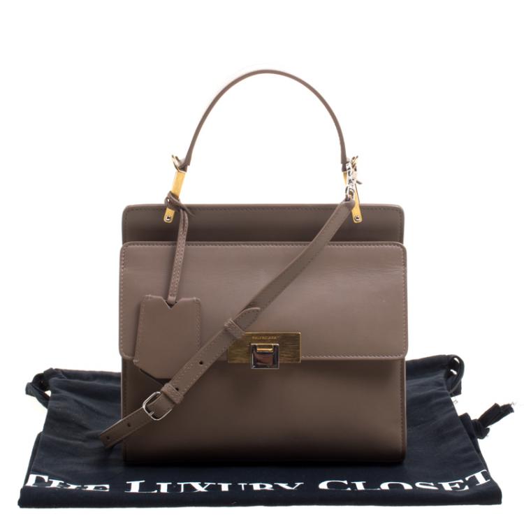 Pre Owned Balenciaga Dark Beige Leather Small Le Dix Top Handle Bag