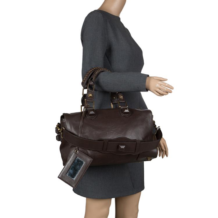 Pre Owned Balenciaga Dark Brown Lizard Embossed Leather Box Bag