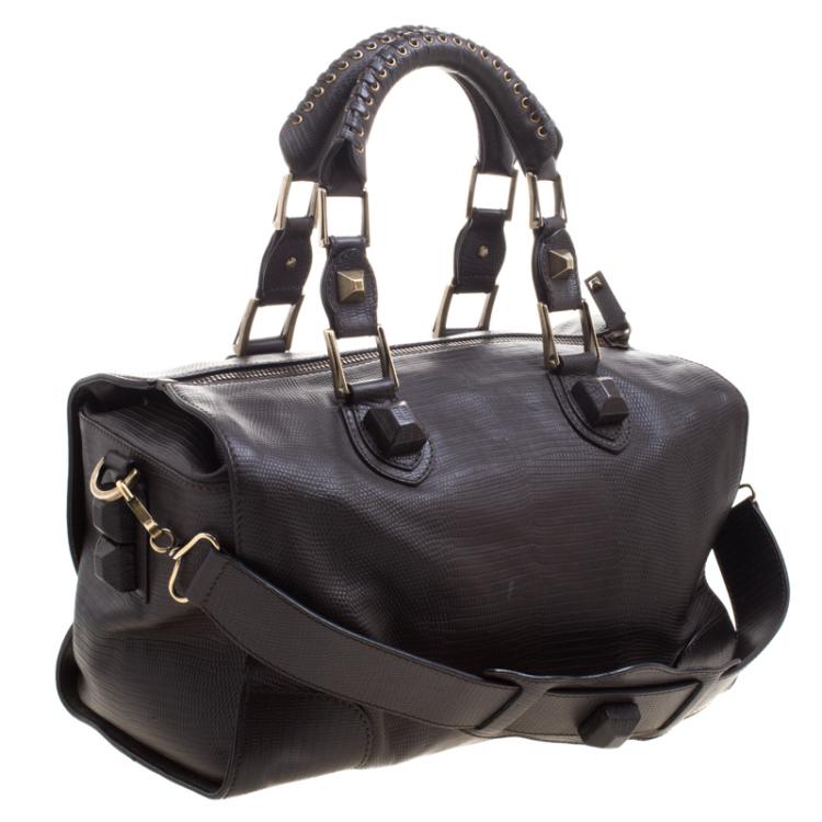 Pre Owned Balenciaga Dark Brown Lizard Embossed Leather Box Bag