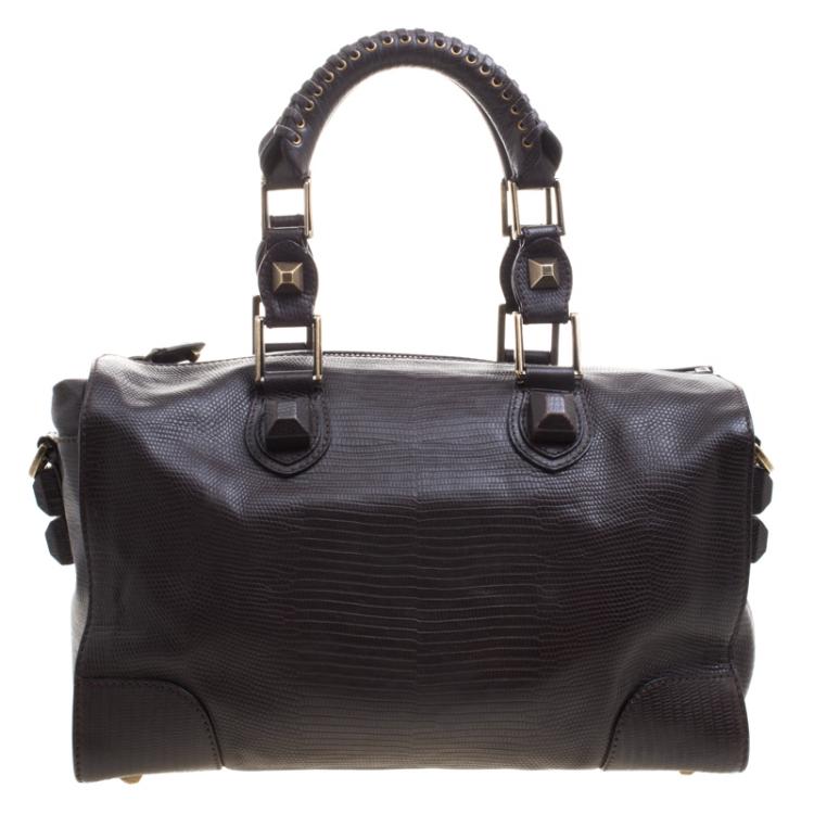 Pre Owned Balenciaga Dark Brown Lizard Embossed Leather Box Bag