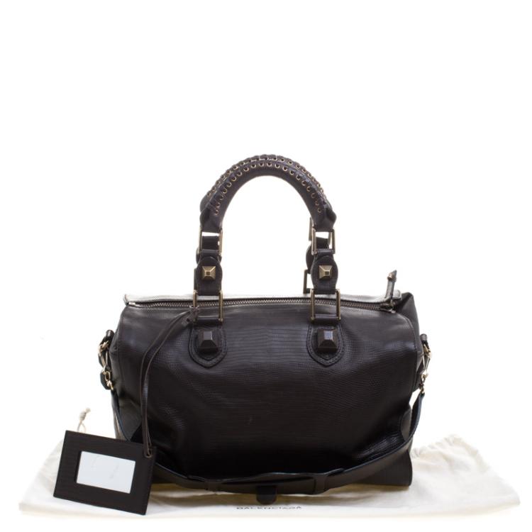 Pre Owned Balenciaga Dark Brown Lizard Embossed Leather Box Bag