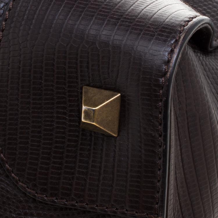 Pre Owned Balenciaga Dark Brown Lizard Embossed Leather Box Bag
