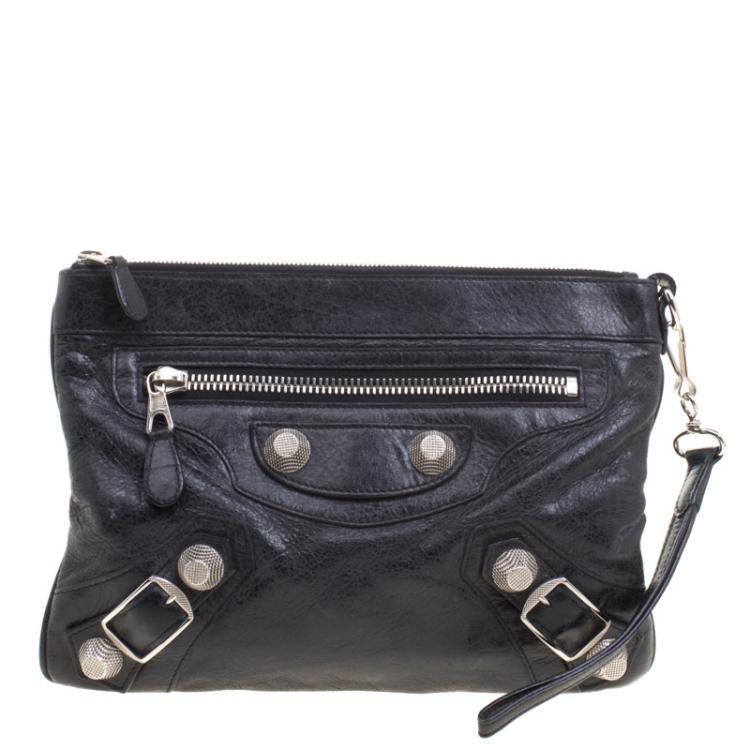 Pre Owned Balenciaga Black Leather GSH Flat Clutch