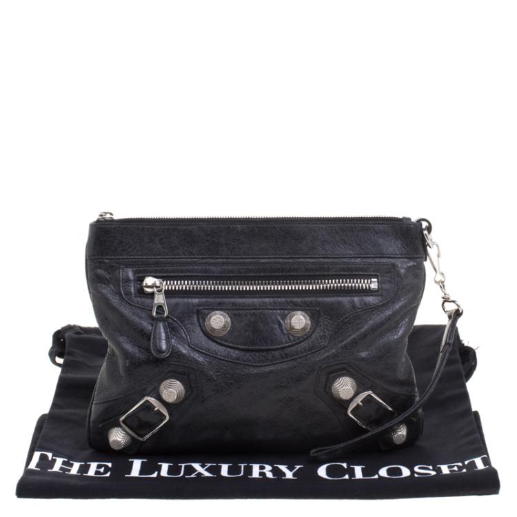 Pre Owned Balenciaga Black Leather GSH Flat Clutch