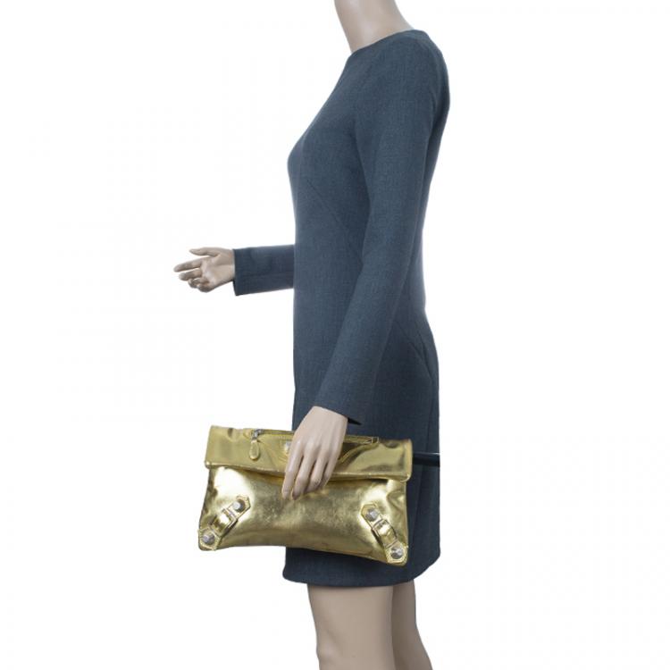 Pre Owned Balenciaga Gold Laminated Calfskin Giant 21 Envelope Clutch