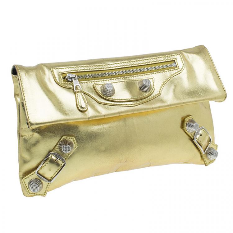 Pre Owned Balenciaga Gold Laminated Calfskin Giant 21 Envelope Clutch
