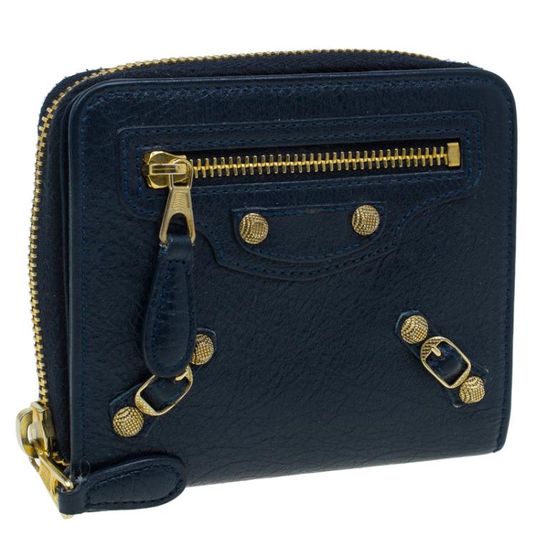 Pre Owned Balenciaga Blue Goatskin Billfold Zip Around Wallet 