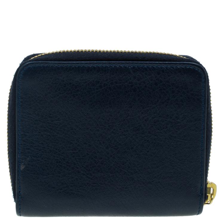 Pre Owned Balenciaga Blue Goatskin Billfold Zip Around Wallet 