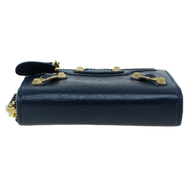 Pre Owned Balenciaga Blue Goatskin Billfold Zip Around Wallet 