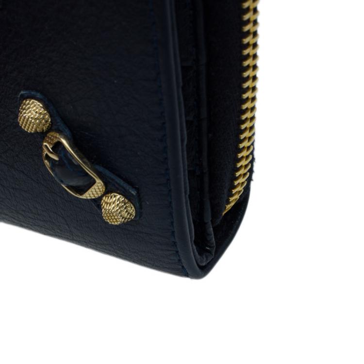 Pre Owned Balenciaga Blue Goatskin Billfold Zip Around Wallet 