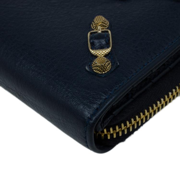 Pre Owned Balenciaga Blue Goatskin Billfold Zip Around Wallet 