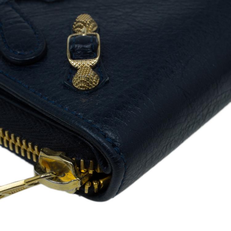 Pre Owned Balenciaga Blue Goatskin Billfold Zip Around Wallet 