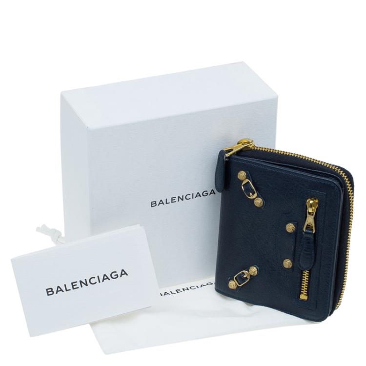 Pre Owned Balenciaga Blue Goatskin Billfold Zip Around Wallet 