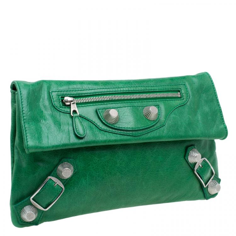 Pre Owned Balenciaga Green Leather Giant 21 Silver hardware Envelope Clutch