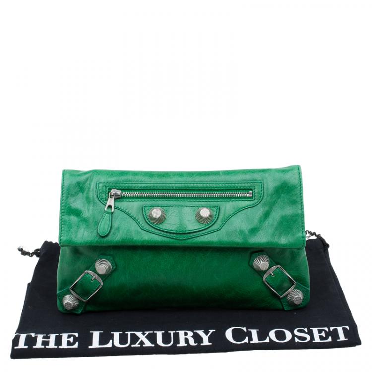 Pre Owned Balenciaga Green Leather Giant 21 Silver hardware Envelope Clutch