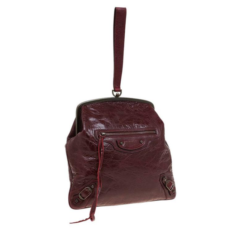 Pre Owned Balenciaga Burgundy Leather Aumoniere Wristlet Clutch