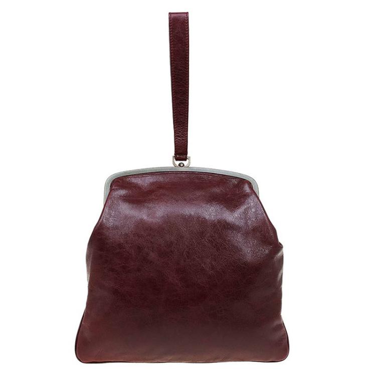 Pre Owned Balenciaga Burgundy Leather Aumoniere Wristlet Clutch