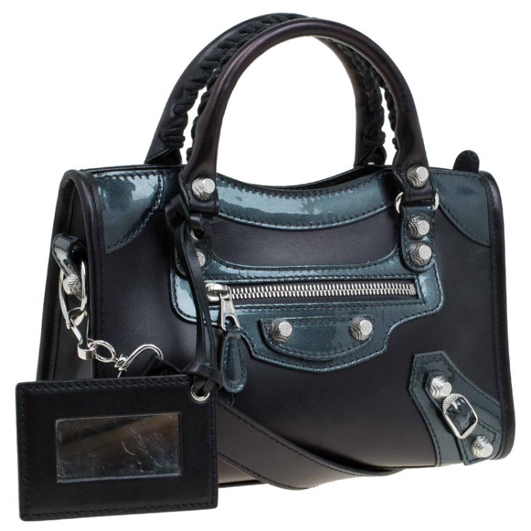 Pre Owned Balenciaga Black Leather and Patent Mini City Silver Hardware Bag