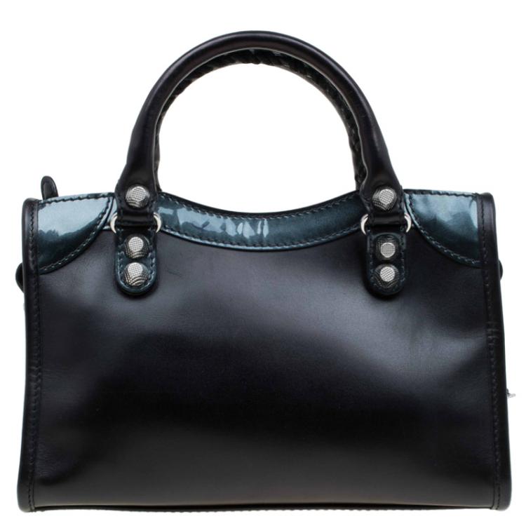 Pre Owned Balenciaga Black Leather and Patent Mini City Silver Hardware Bag