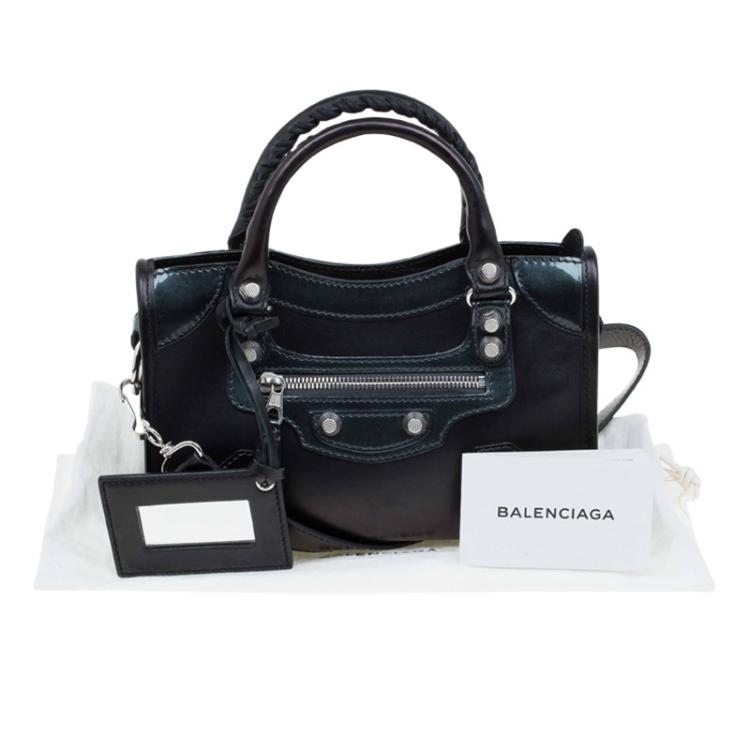 Pre Owned Balenciaga Black Leather and Patent Mini City Silver Hardware Bag