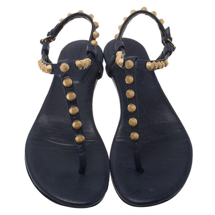 Pre Owned Balenciaga Blue Studded Leather Arena Thong Sandals Size 38.5