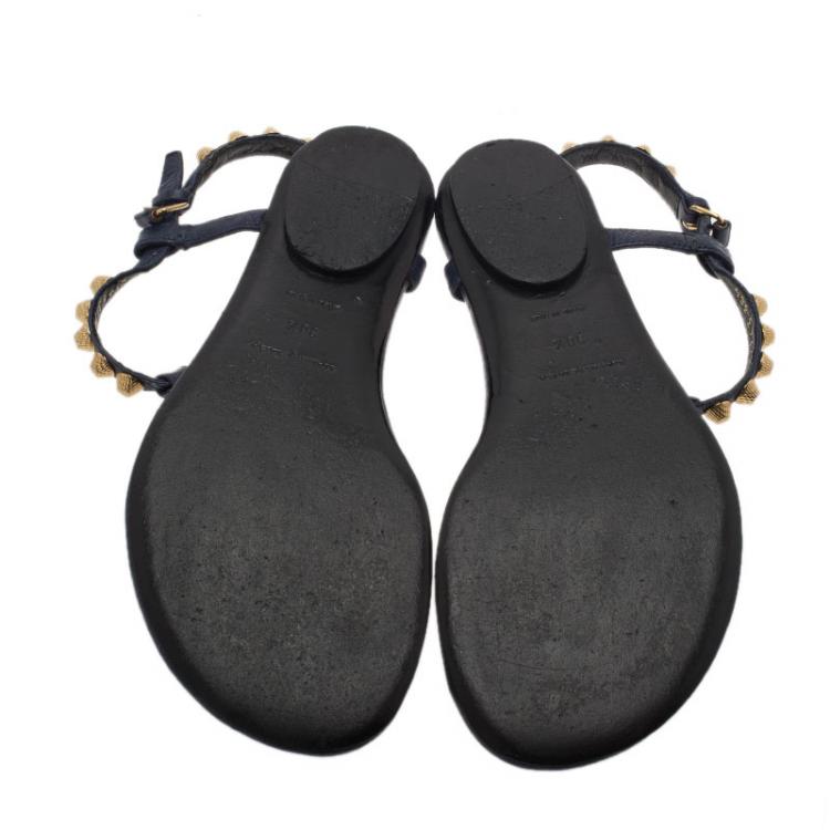 Pre Owned Balenciaga Blue Studded Leather Arena Thong Sandals Size 38.5