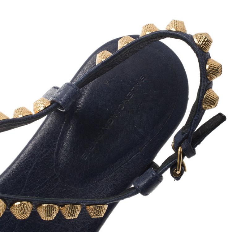 Pre Owned Balenciaga Blue Studded Leather Arena Thong Sandals Size 38.5