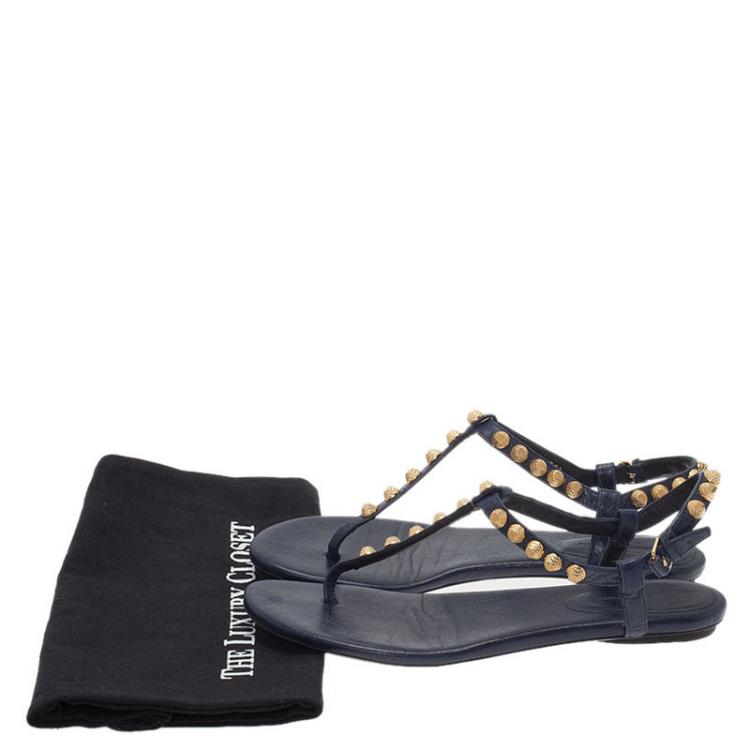 Pre Owned Balenciaga Blue Studded Leather Arena Thong Sandals Size 38.5