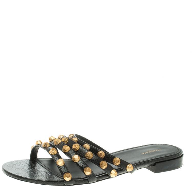 Pre Owned Balenciaga Black Studded Leather Arena Strappy Flat Slides Size 40