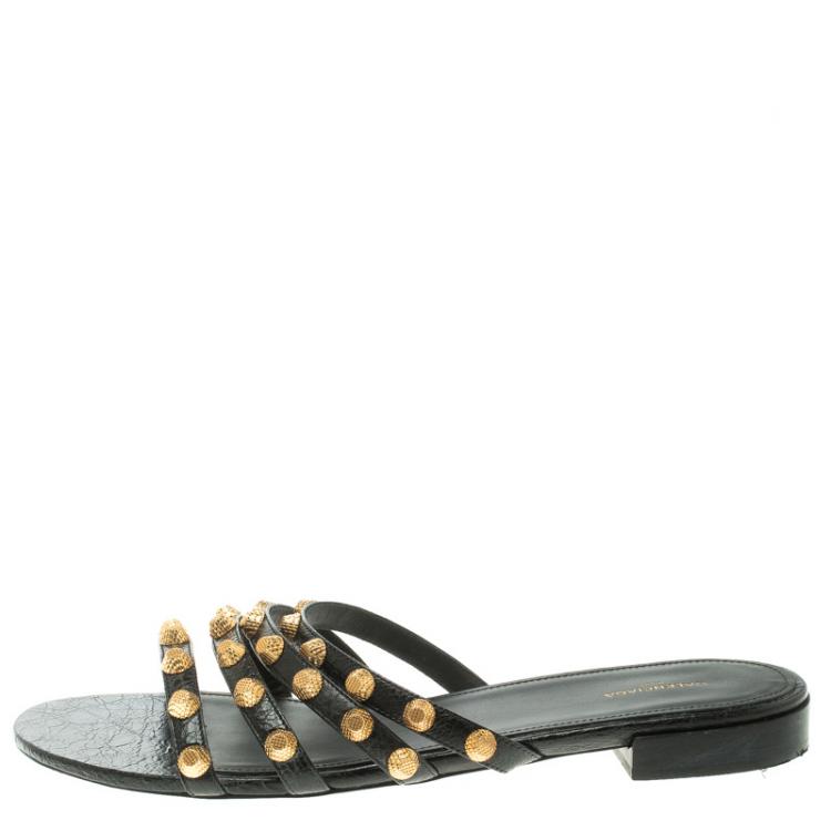 Pre Owned Balenciaga Black Studded Leather Arena Strappy Flat Slides Size 40