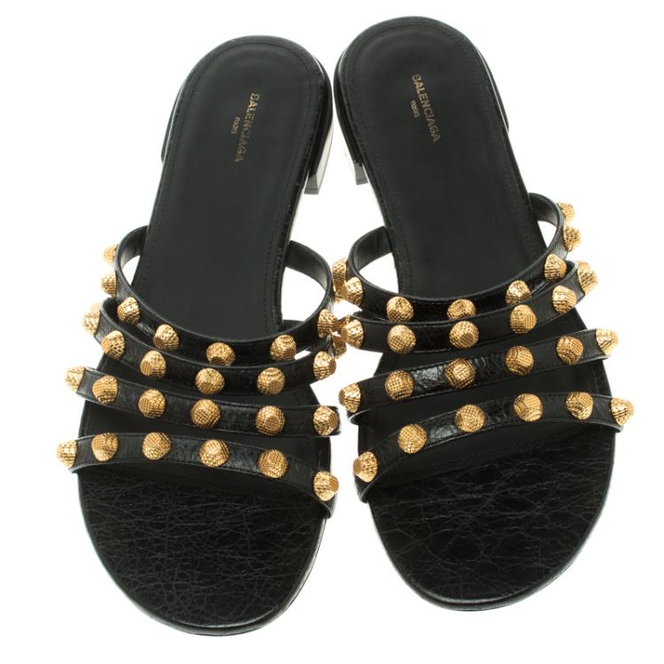 Pre Owned Balenciaga Black Studded Leather Arena Strappy Flat Slides Size 40