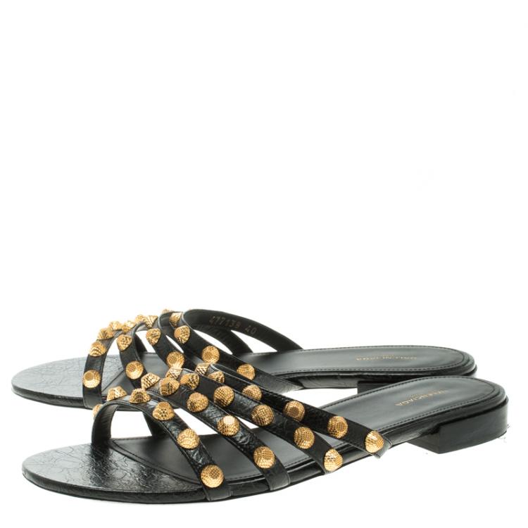 Pre Owned Balenciaga Black Studded Leather Arena Strappy Flat Slides Size 40