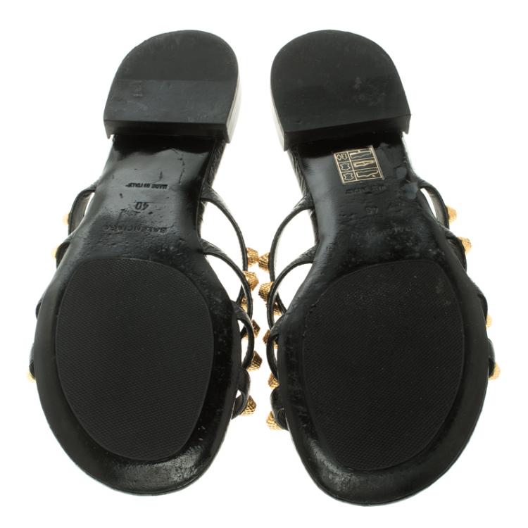 Pre Owned Balenciaga Black Studded Leather Arena Strappy Flat Slides Size 40