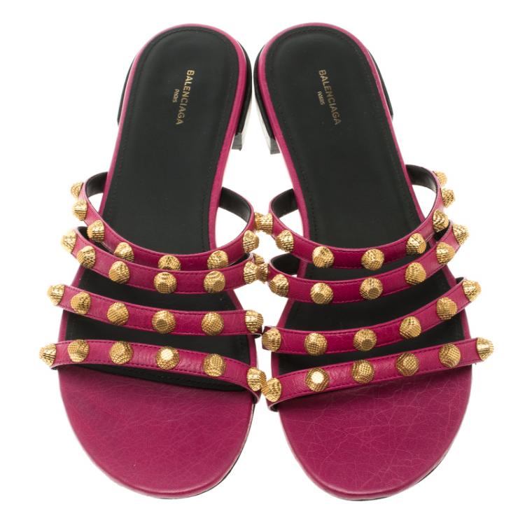 Pre Owned Balenciaga Purple Studded Leather Arena Strappy Flat Slides Size 39.5
