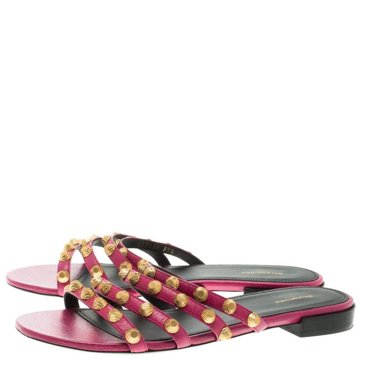 Pre Owned Balenciaga Purple Studded Leather Arena Strappy Flat Slides Size 39.5