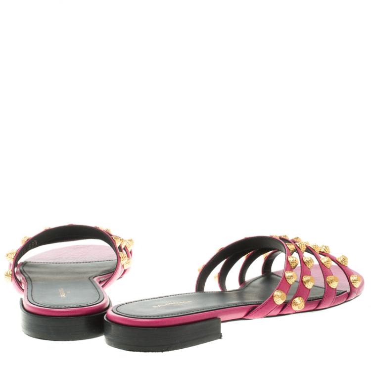 Pre Owned Balenciaga Purple Studded Leather Arena Strappy Flat Slides Size 39.5