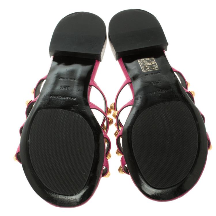 Pre Owned Balenciaga Purple Studded Leather Arena Strappy Flat Slides Size 39.5