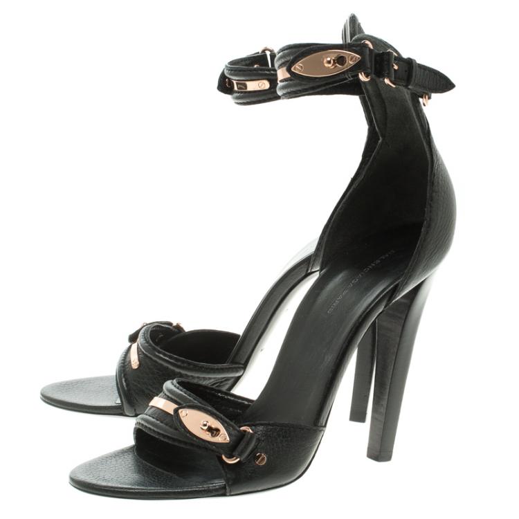 Pre Owned Balenciaga Black Leather Buckle Detail Ankle Strap Sandals Size 39