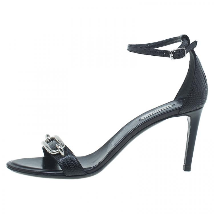 Pre Owned Balenciaga Black Lizard Maillon Ankle Strap Sandals Size 38.5