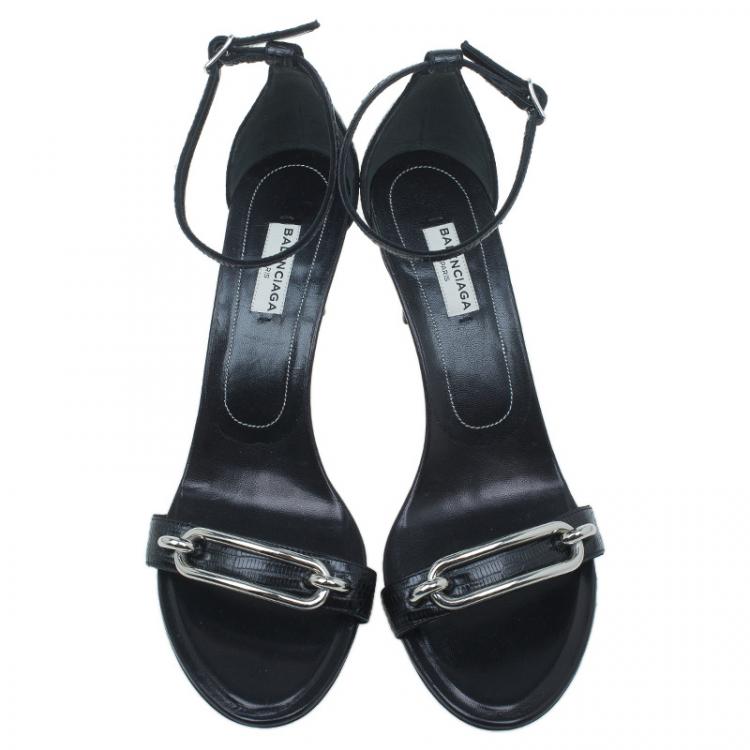 Pre Owned Balenciaga Black Lizard Maillon Ankle Strap Sandals Size 38.5