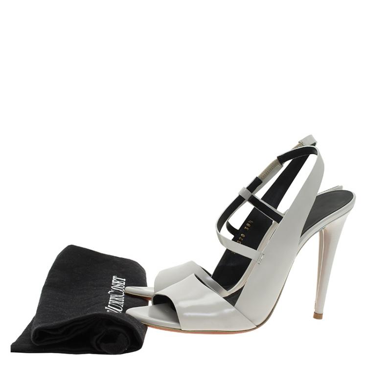 Pre Owned Balenciaga Grey Leather Neo Manhattan Slingback Sandals Size 38.5