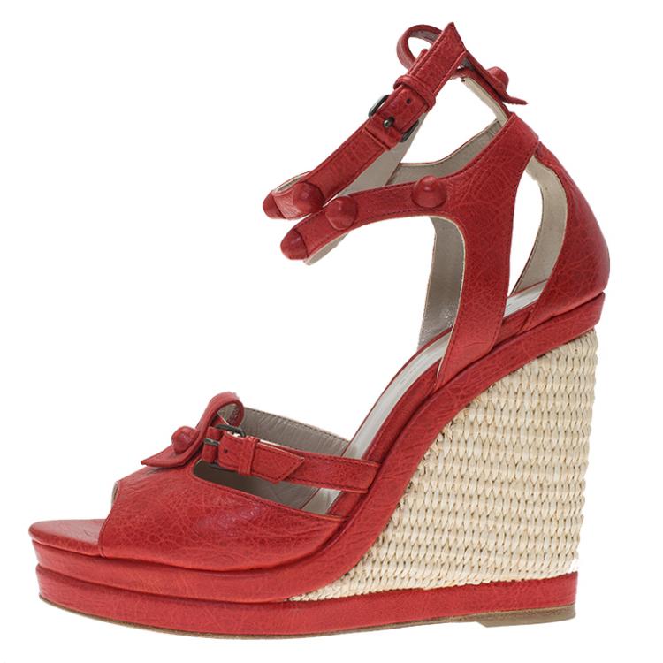 Pre Owned Balenciaga Red Distressed Leather Arena Cross Strap Espadrille Platform Wedges Size 38