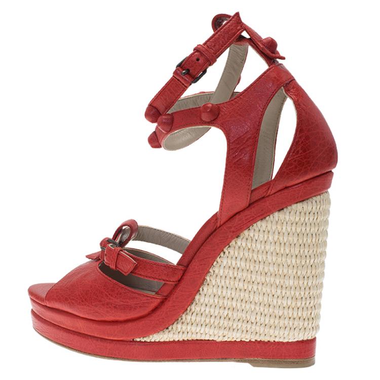 Pre Owned Balenciaga Red Distressed Leather Arena Cross Strap Espadrille Platform Wedges Size 38