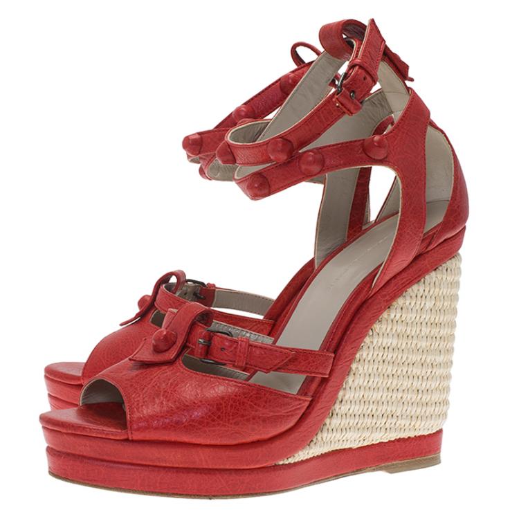 Pre Owned Balenciaga Red Distressed Leather Arena Cross Strap Espadrille Platform Wedges Size 38