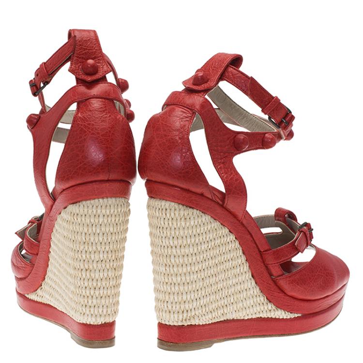 Pre Owned Balenciaga Red Distressed Leather Arena Cross Strap Espadrille Platform Wedges Size 38