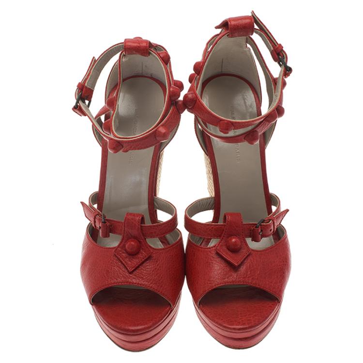 Pre Owned Balenciaga Red Distressed Leather Arena Cross Strap Espadrille Platform Wedges Size 38