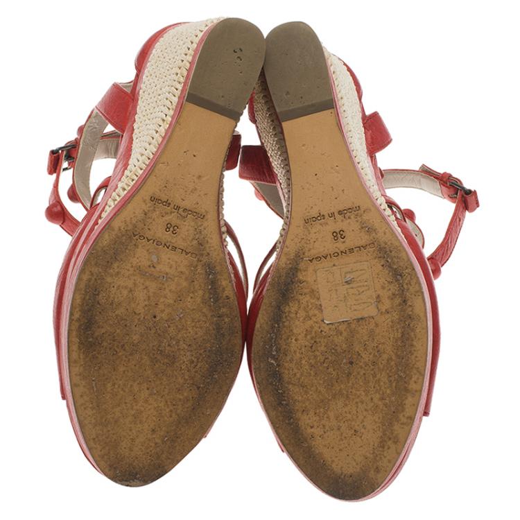 Pre Owned Balenciaga Red Distressed Leather Arena Cross Strap Espadrille Platform Wedges Size 38