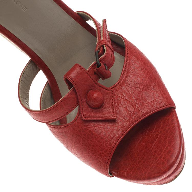 Pre Owned Balenciaga Red Distressed Leather Arena Cross Strap Espadrille Platform Wedges Size 38
