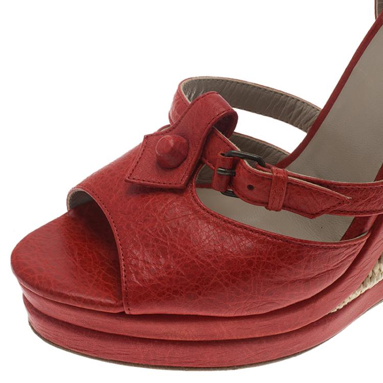 Pre Owned Balenciaga Red Distressed Leather Arena Cross Strap Espadrille Platform Wedges Size 38