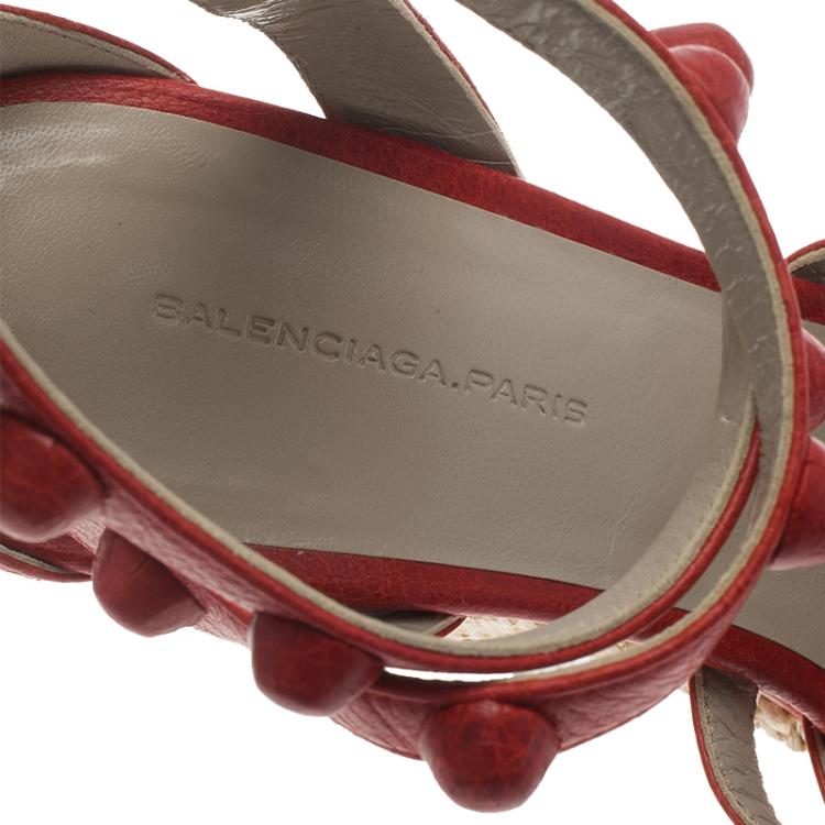 Pre Owned Balenciaga Red Distressed Leather Arena Cross Strap Espadrille Platform Wedges Size 38